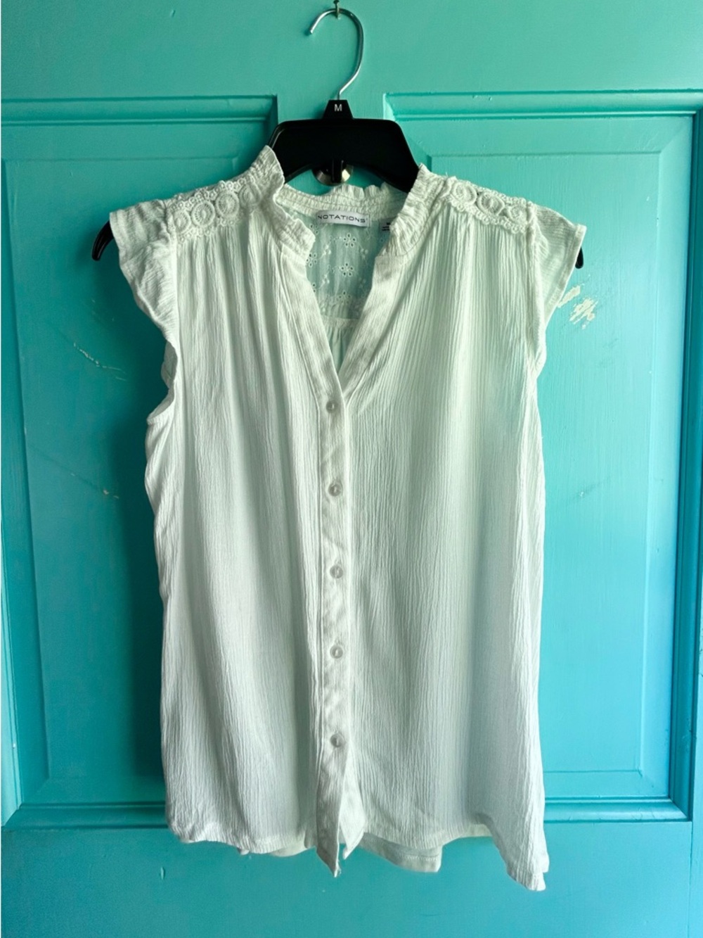 Notations White Lace-Yoke Cap Sleeve Button Blouse